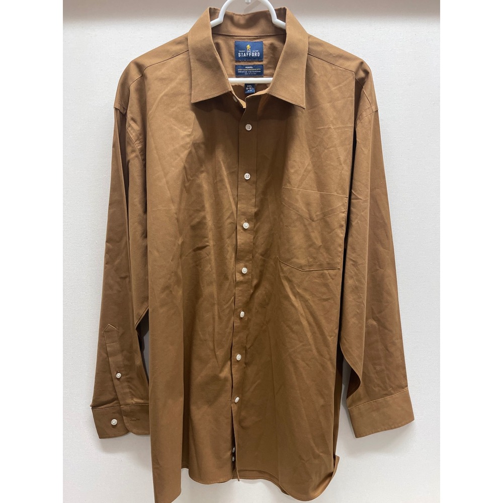 Stafford Travel Easy-Care Broadcloth Shirt Mens XXL 18-18.5 Brown Long Sleeve